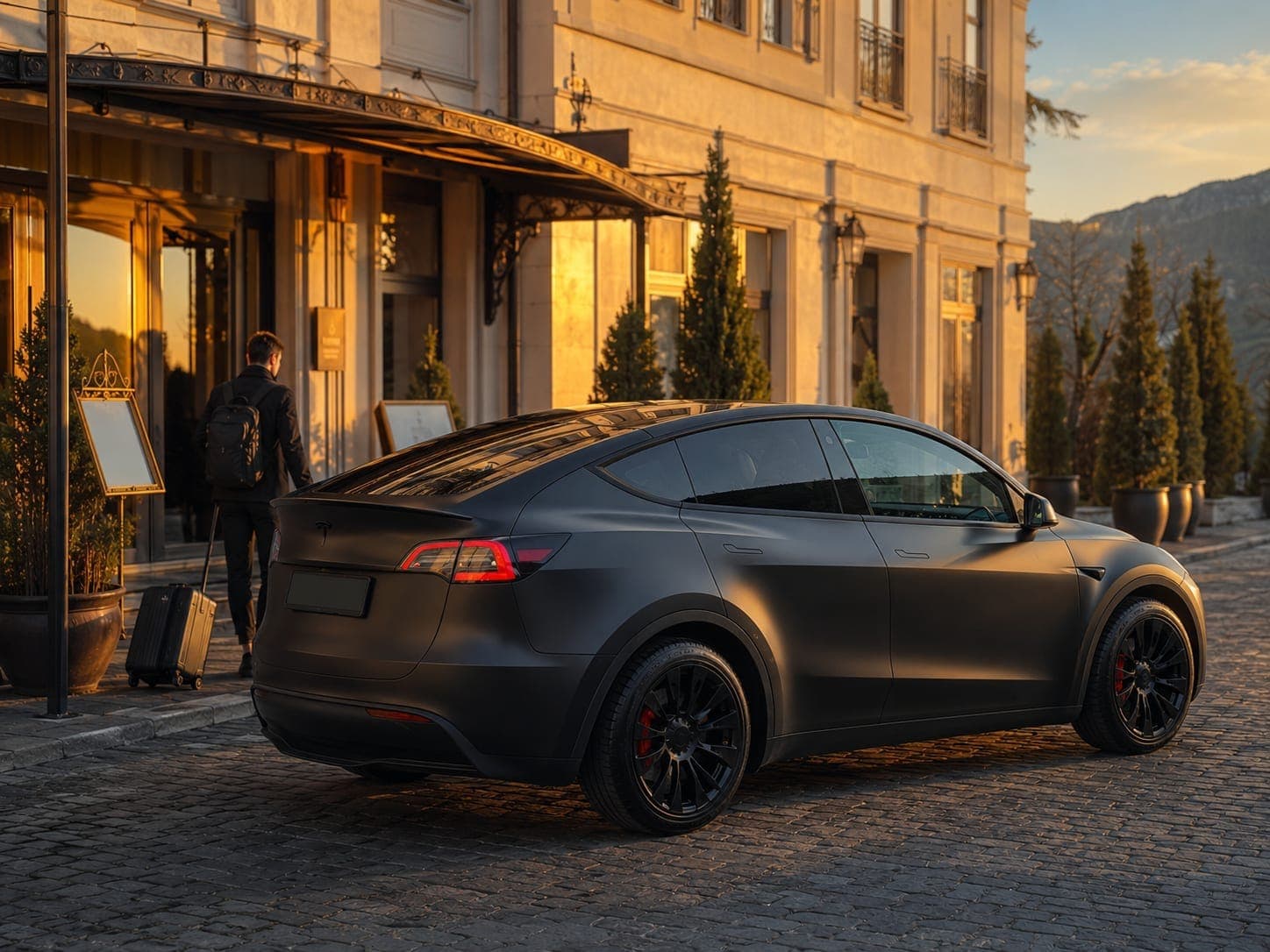 Hotel pickup at golden hour in the private Tesla Model Y