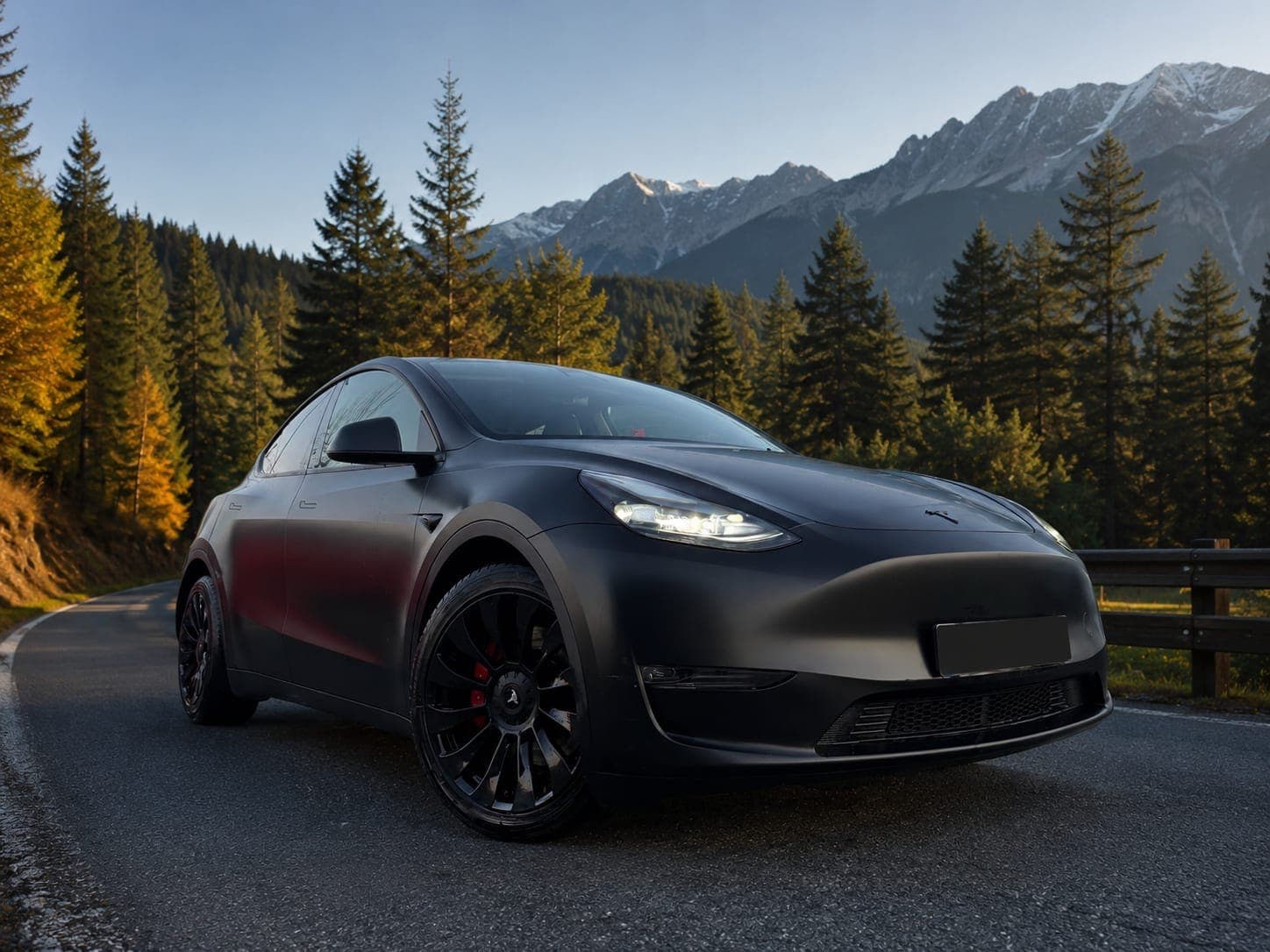 Black Tesla Model Y on a Carpathian mountain road at dusk